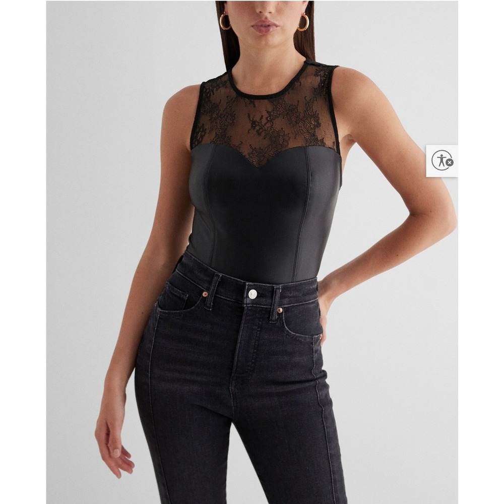 Express Body Contour Faux Leather Lace Sleeveless Bodysuit Black L NWT 90130